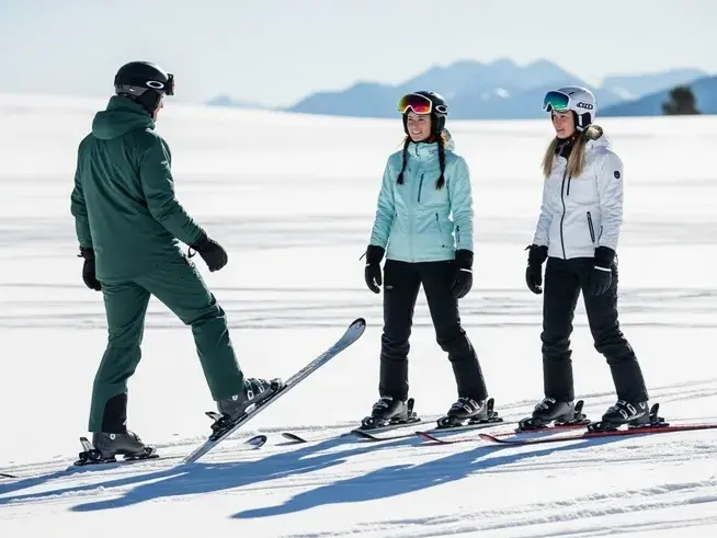First time skier learning at Le Savoy beginner area in Chamonix with Skibex ski school instructor